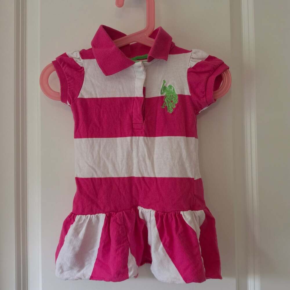 U.S. Polo Assn Baby Girls 18M Pink White Striped Rugby Polo Dress Ruffle